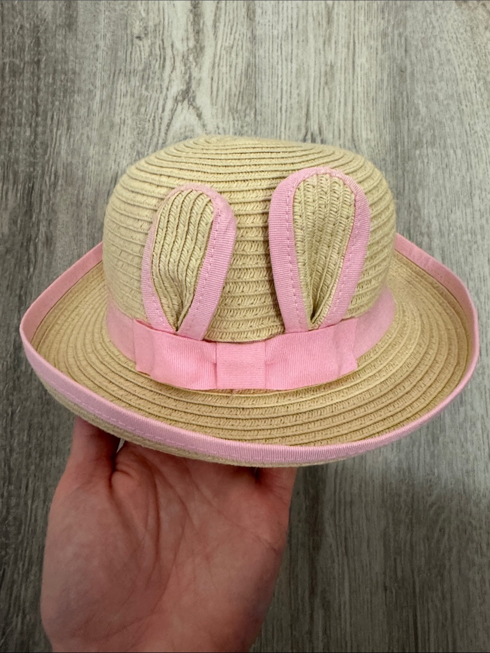 Bunny Ear Toddler Straw Sun Hat with Pink Trim and Bow